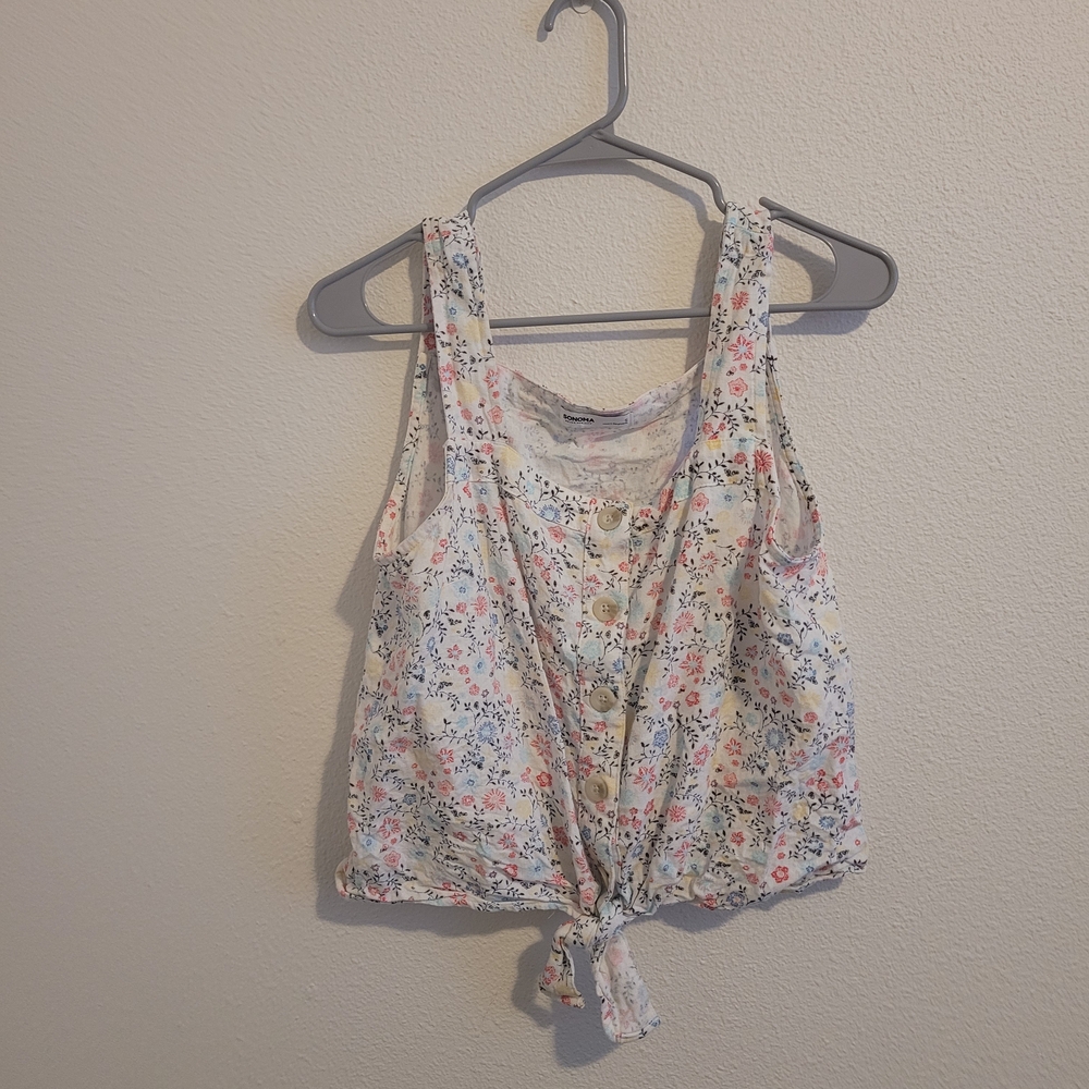 Sonoma White Floral Tie-Front Camisole with Pink & Blue Accents #234